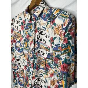 Camp Shirt Hawaii Vacay Scrap Book Travel Print Button Up Size M Vintage 1980s